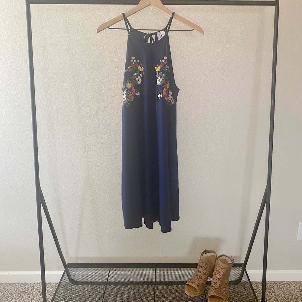 Ayla Navy Blue Dress with Floral Embroidery